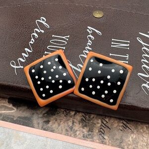 Vintage Black Polka Dot Square Stud Earrings Lucite Enamel Retro 1x1”